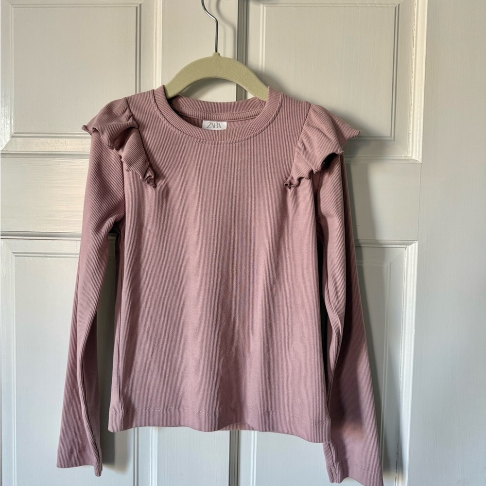 Zara Kids Dusty Mauve Long Sleeve Ruffle Shoulder Top